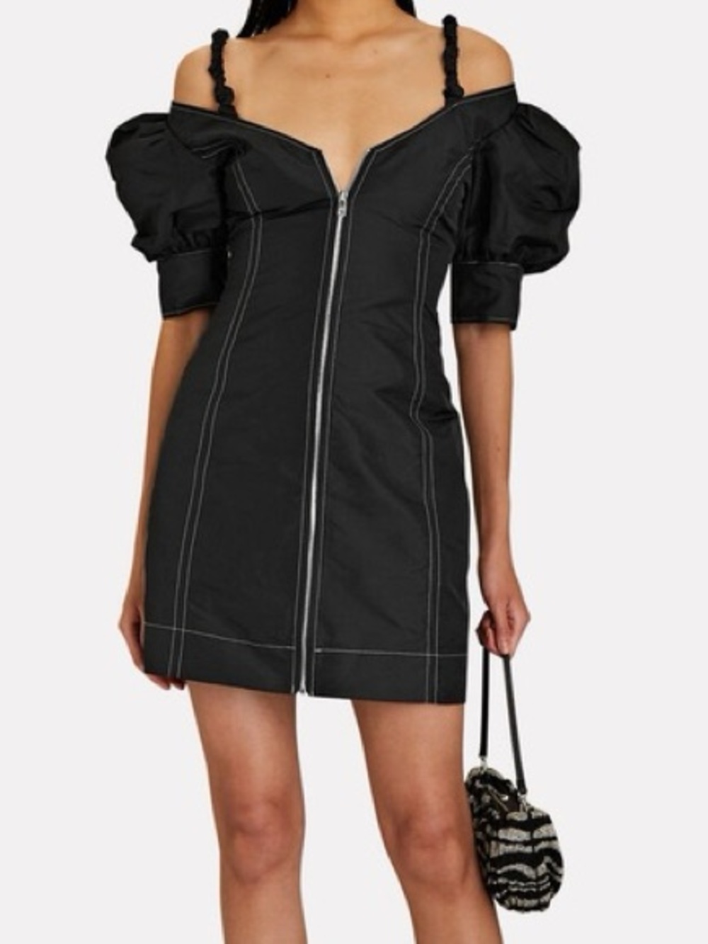 Ganni Taffeta Puff Sleeve Cold Shoulder Zip Up Mini Dress Black NWT Size US 6